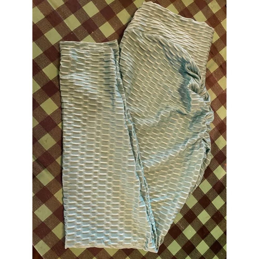 Womens Light Blue Honeycomb Textured Scrunch Butt Leggings High Waist Yoga Pants